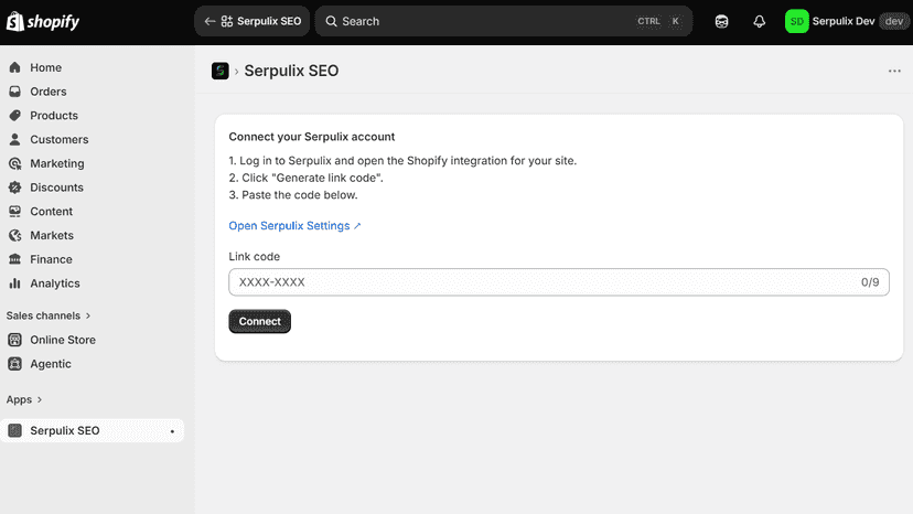 Connect your Serpulix account screen with the link code field