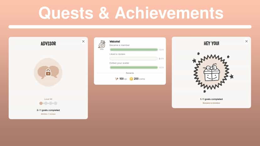 An image of two achievement cards and a quest card