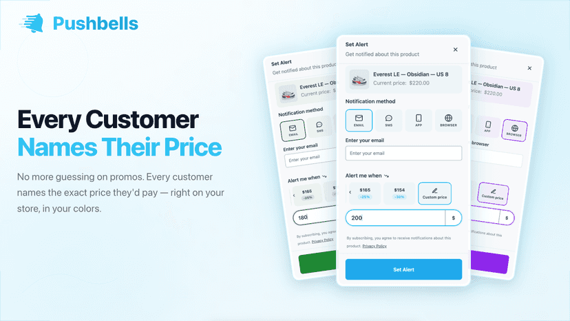 Shopper sets a target amount and picks email, SMS, app or push