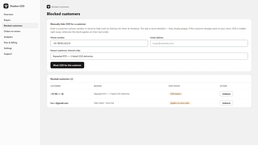 Manually hide COD for a customer by phone or email