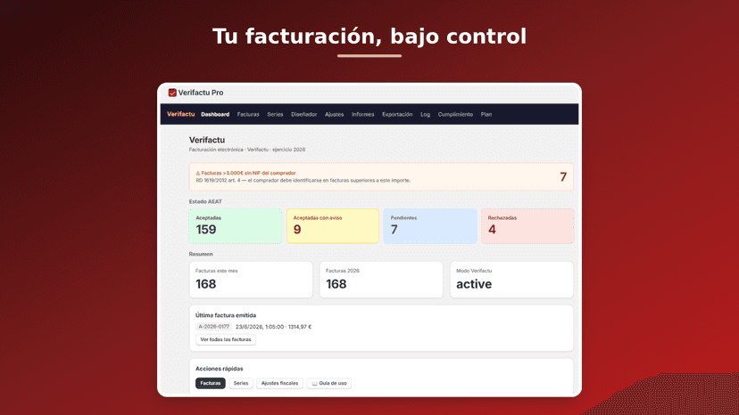 Panel con estado AEAT, facturas sin NIF y resumen del ejercicio