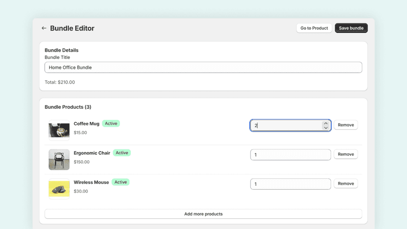 Bundle editor showing 3 products with different quantities