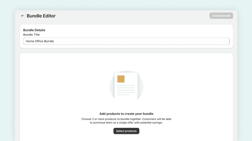 Empty bundle editor with product selection prompt and button