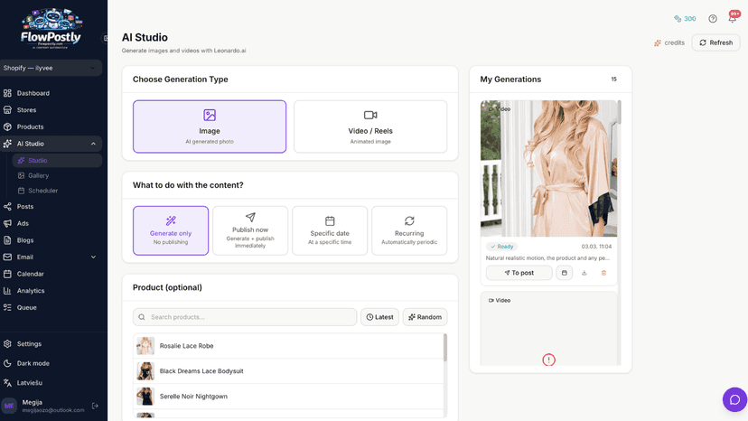 FlowPostly AI Studio with options to generate images or videos,