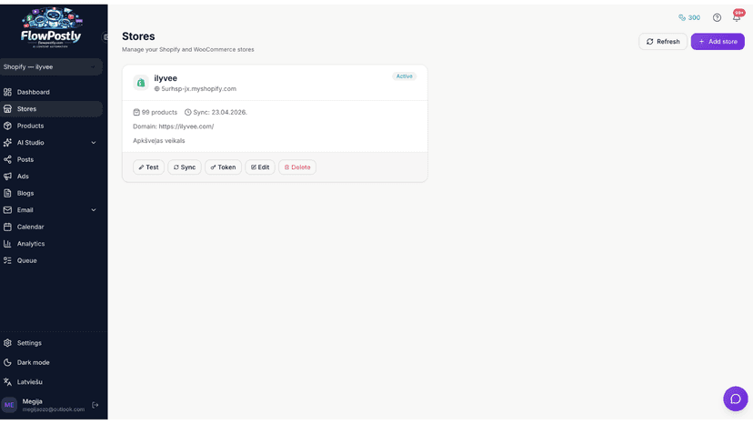 FlowPostly Stores page showing a connected Shopify store with pr