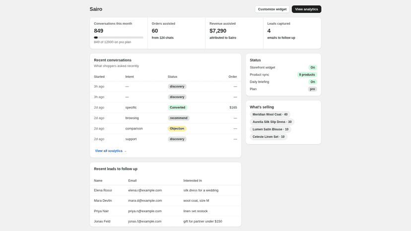 Sairo merchant dashboard with live sales metrics