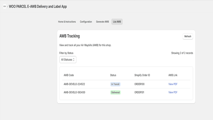 AWB History with Label Access and Real-Time Status Tracking