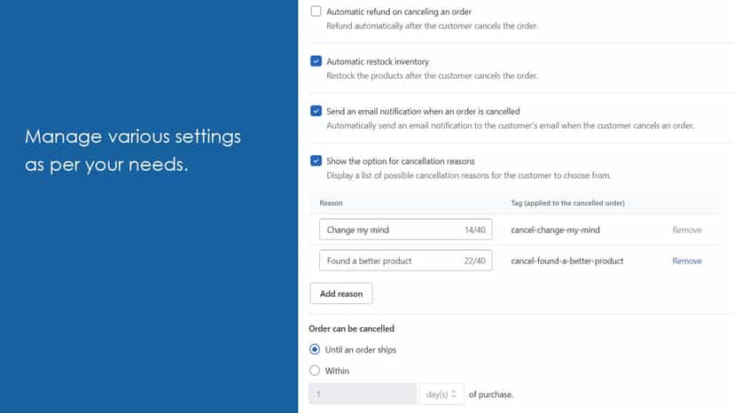Manage settings - Codify Order Cancel