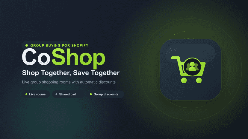 CoShop logo, tagline, and group shopping cart icon