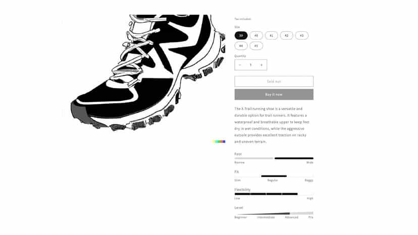 Product specification features in PDP trail shoes example
