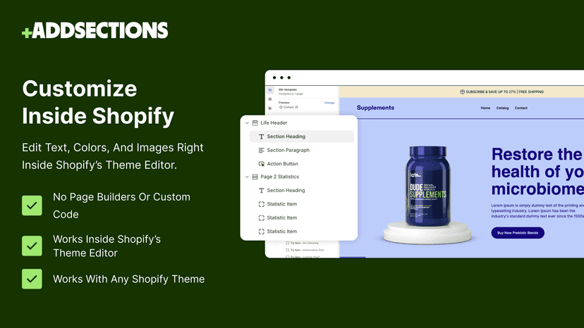 Edit pages and sections inside Shopify — no code needed