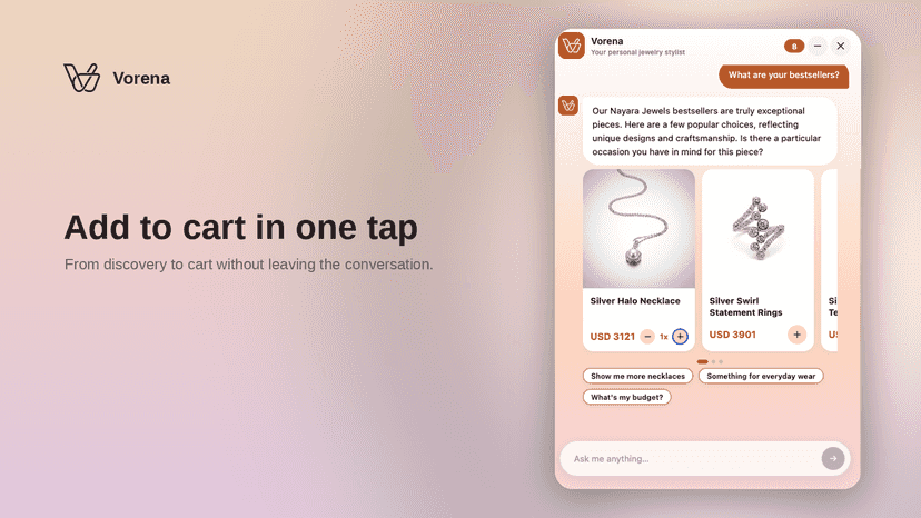 One-tap add to cart from the chat — no page navigation
