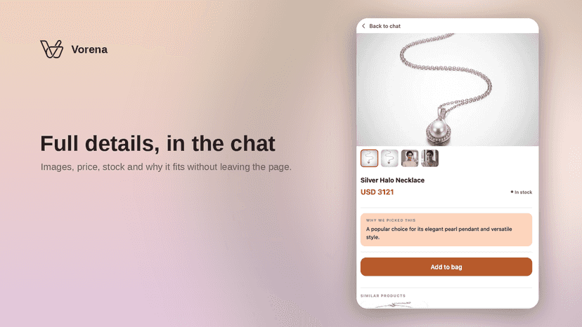 Shoppers view details and add to cart without leaving chat