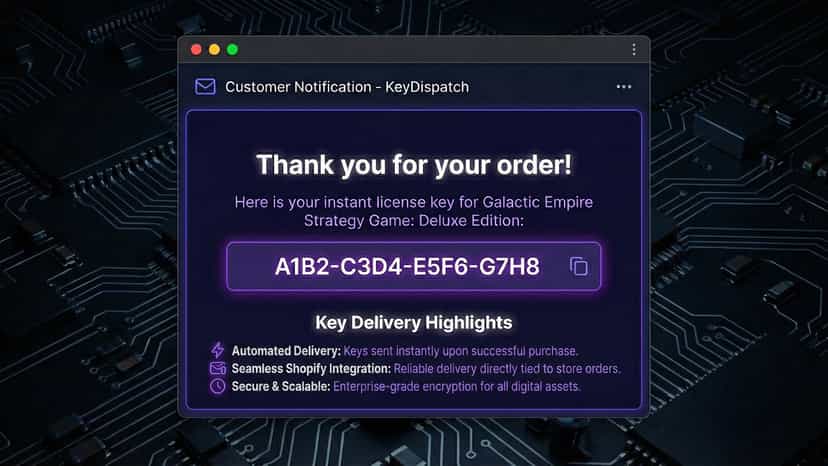 Customer notification pop-up with game license key and features.