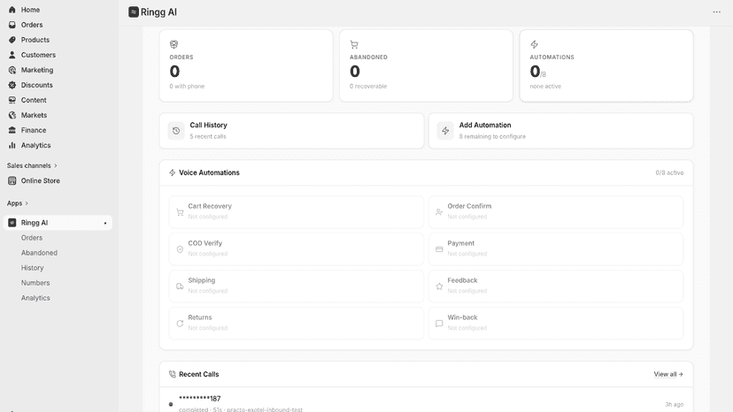 Ringg AI dashboard showing active automations and recent calls