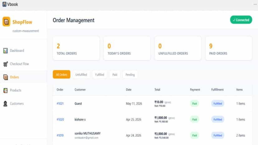 Order page showing all customer purchases and transaction histor