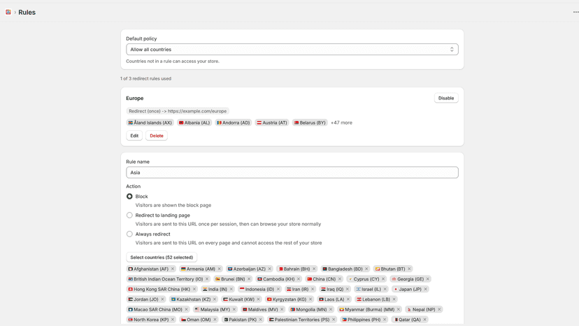 Country blocker rules page with two rules applied