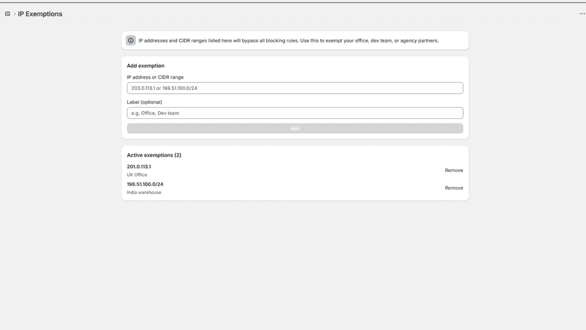 Country blocker exemptions page with two exemptions