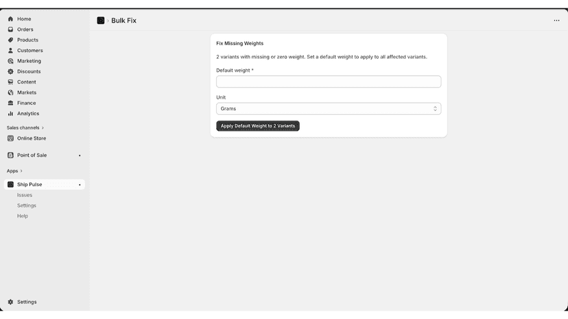 Bulk fix tool for updating missing product weights