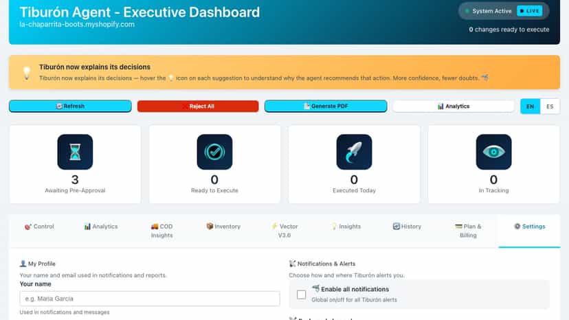 Settings panel with automation thresholds and notification prefe