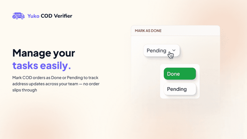 Order status dropdown showing Done and Pending options.