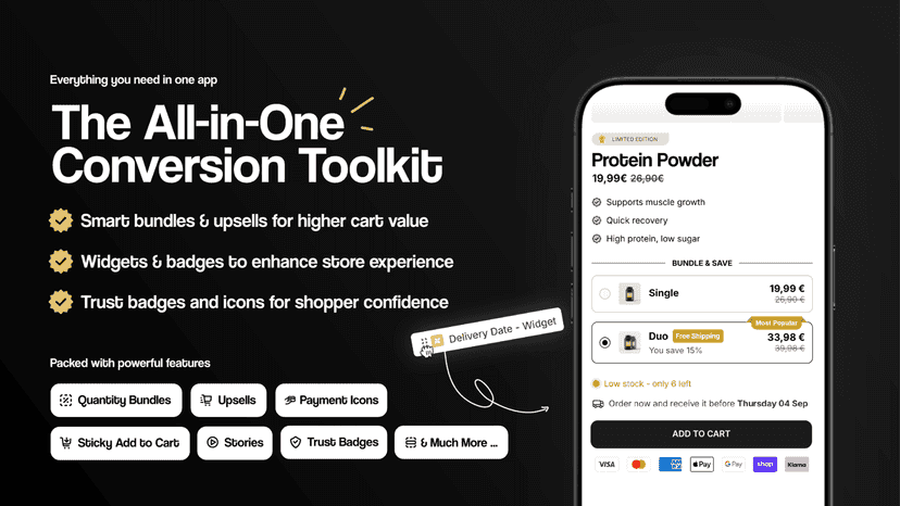 ConvertX app showing bundles, upsells and trust badges