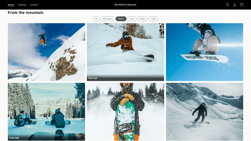 Portfolio gallery with tag filter bar on a storefront page