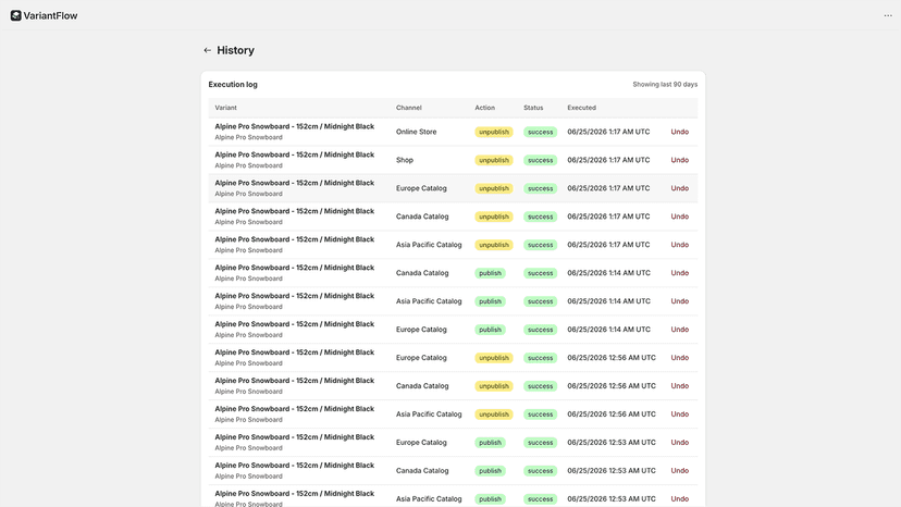 Execution history with status tracking and one-click undo