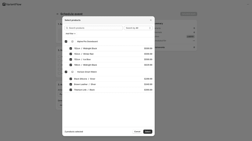 Schedule variant publishing with channel and market selection