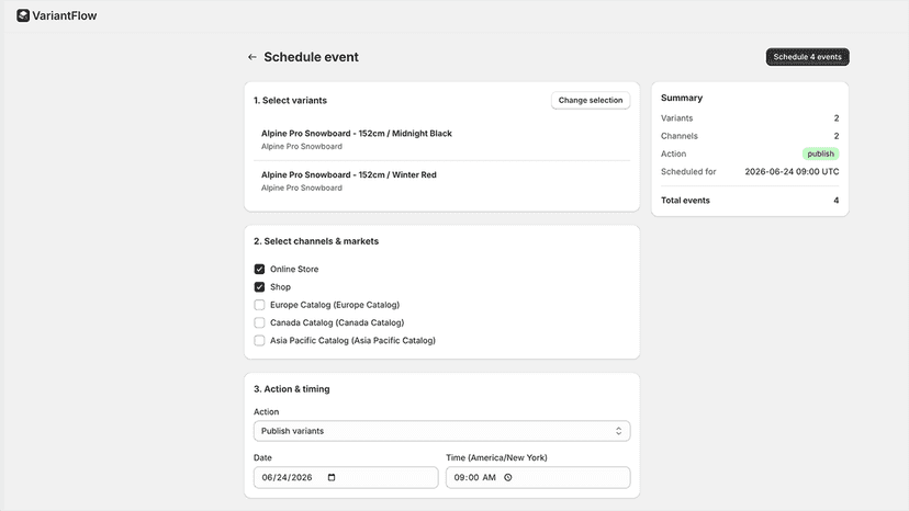 VariantFlow schedule page showing variant publishing to multiple