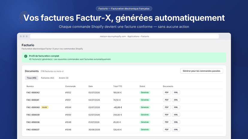 Tableau de bord : factures Factur-X générées automatiquement