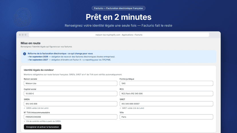 Mise en route guidée : profil vendeur SIREN et TVA