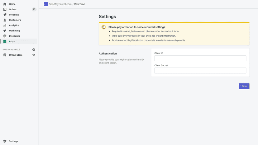 App settings page