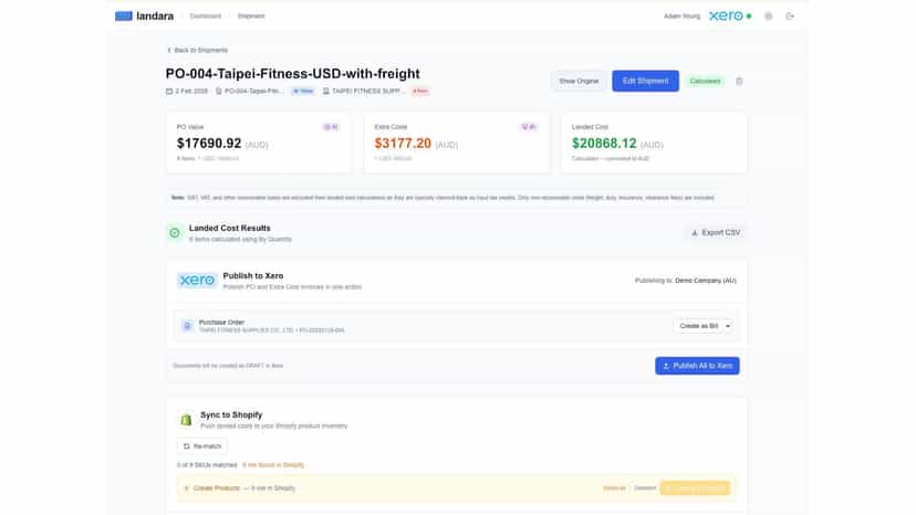 landara landed costs calculator shipment