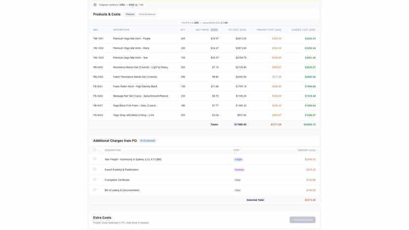 landara landed costs calculator shipment overview