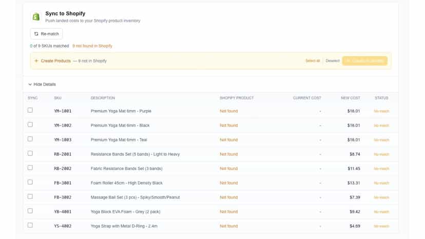 landara landed costs calculator shipment shopify sync