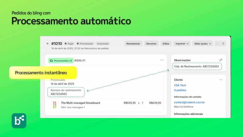 Pedido processado com código de rastreio automatico do bling
