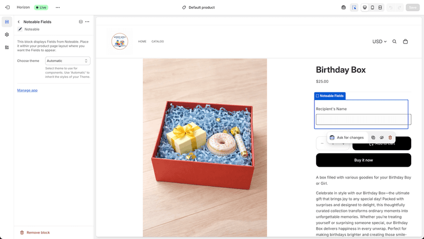 Placing Noteable fields on the Product page