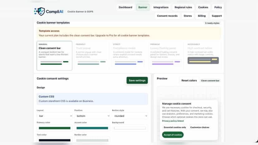 Cookie & GDPR banner settings and template controls