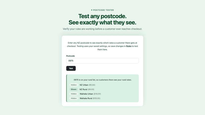 Postcode tester showing the rates a customer would see