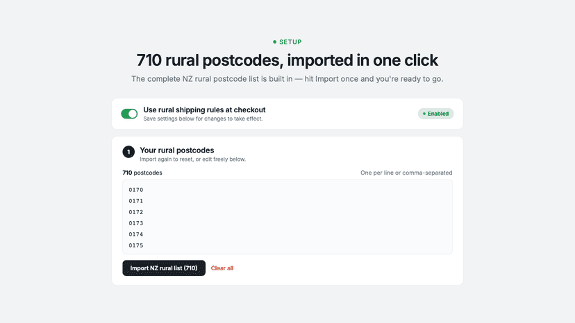 One-click import of 710 NZ rural postcodes
