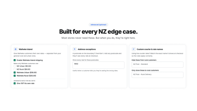 Advanced settings: Waiheke, exceptions and courier names