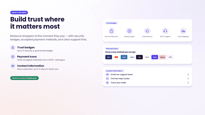 Checkout trust badges, payment icons and contact links