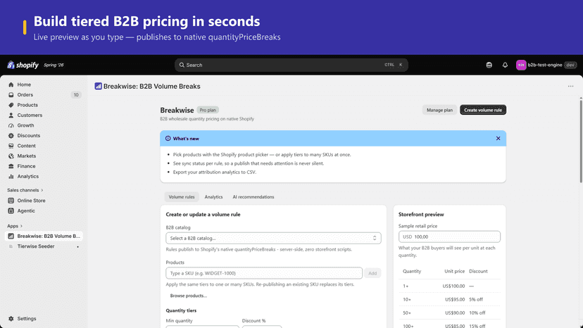 Volume rule builder with live storefront preview table