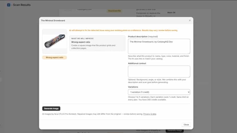 AI product image saved to Shopify product with alt text