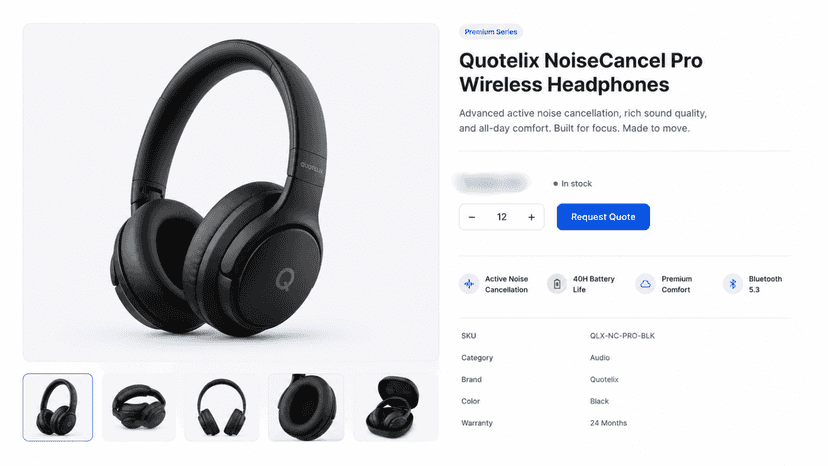 Storefront product page with a Request Quote form