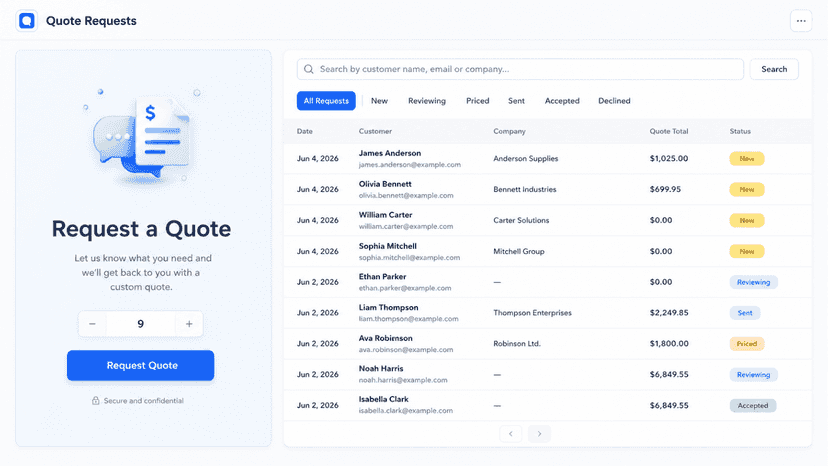 Storefront quote request and merchant quote management workflow.