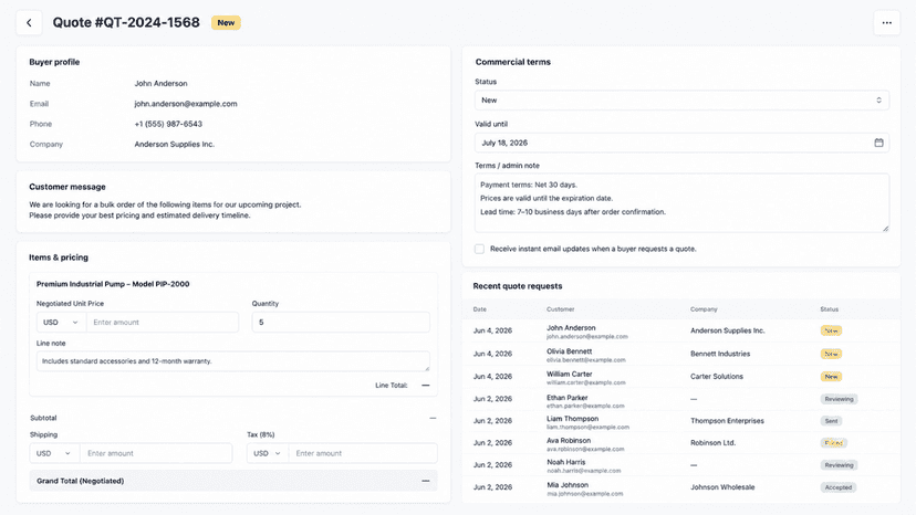 Quote detail with pricing, PDF, email, and Draft Order actions