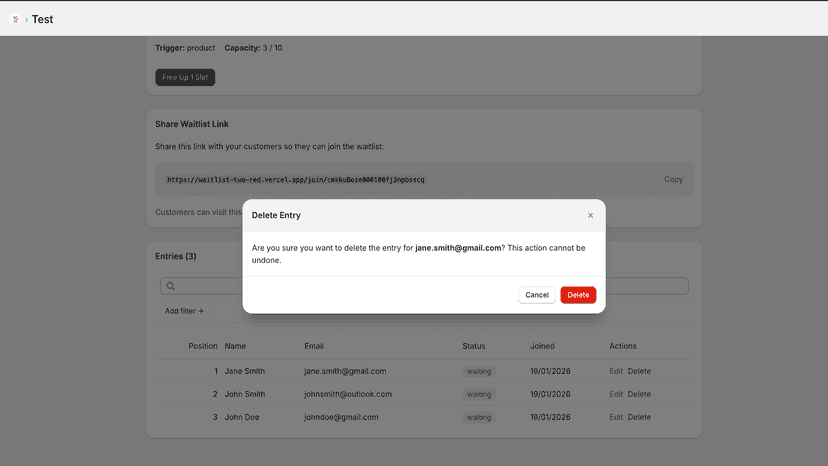 Waitlist delete entry screen
