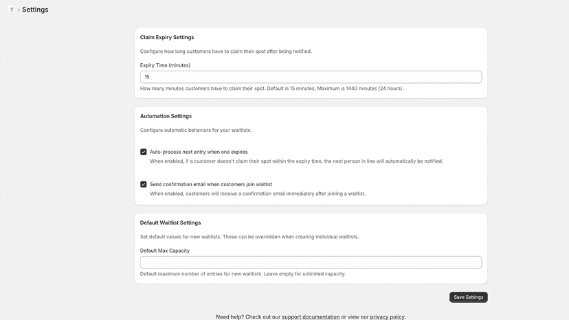 Waitlist Flow app settings